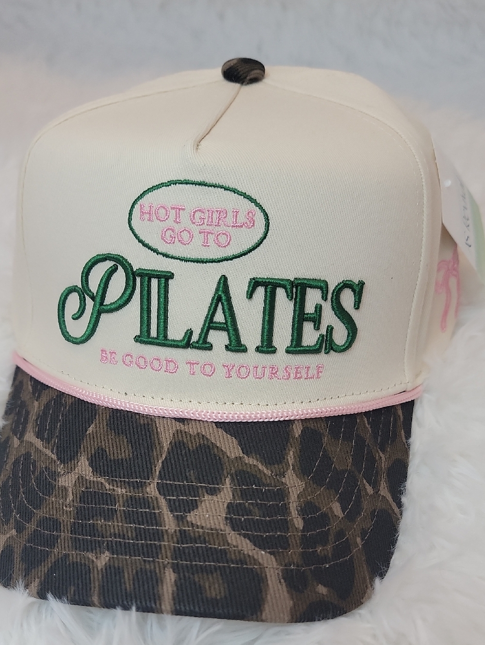 NWT As Revival Cream and Leopard 'Pilates' Trucker Hat with Pink Accents